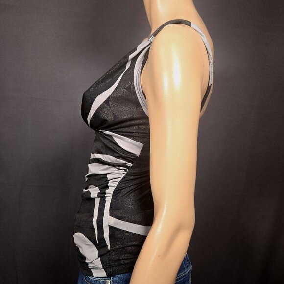 Y2K McBling Black Gray Tank Top Gold Glitter Swirl Print Size M Ruched V Neck - Picture 5 of 8